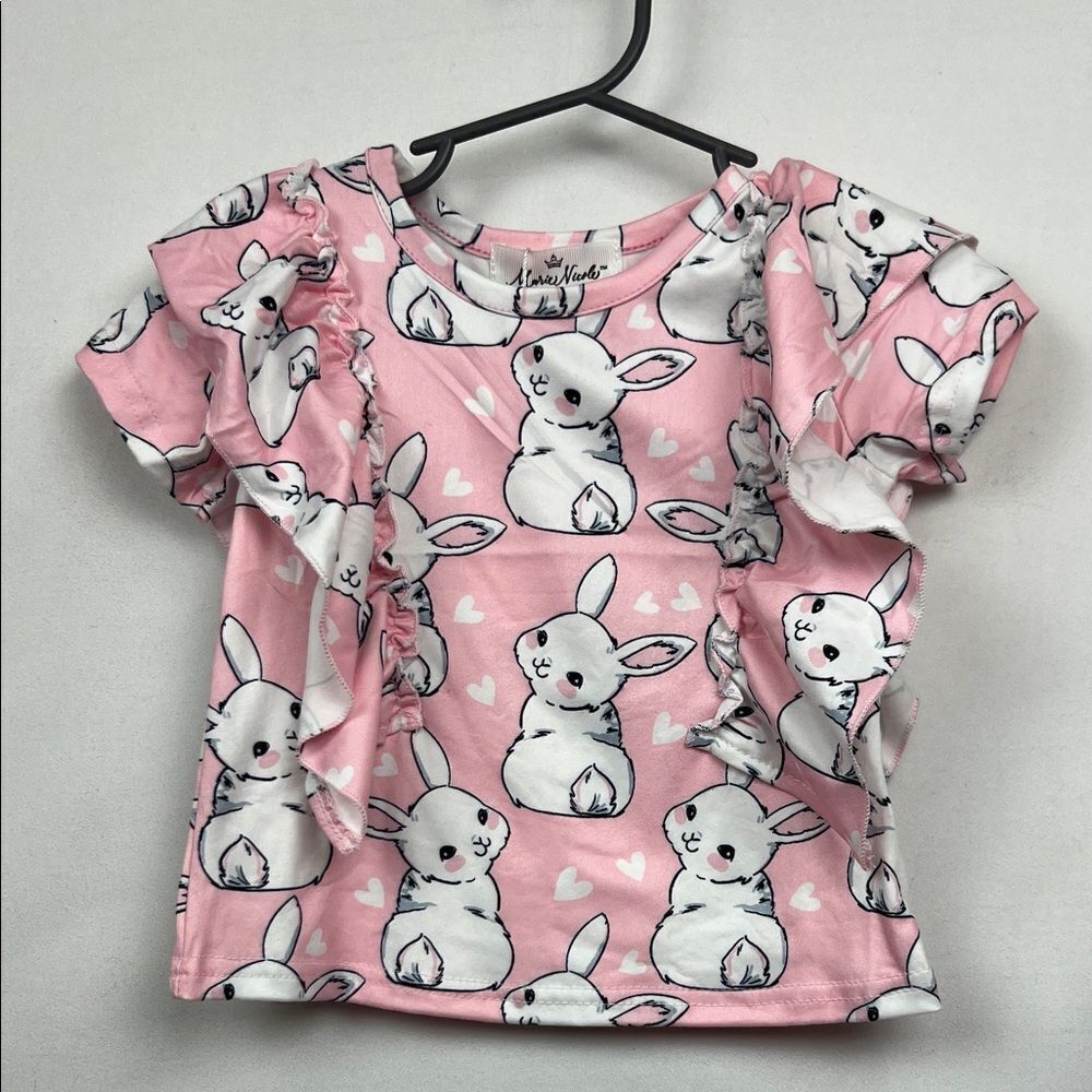 Marie Nicole pink ruffle sleeve bunny print short sleeve top NWT size 12-18 m